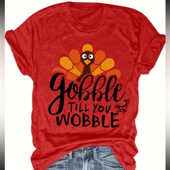 Red Gobble Till You Wobble Women's Short Sleeve Tee NEW sz Large women’s - Picture 1 of 5